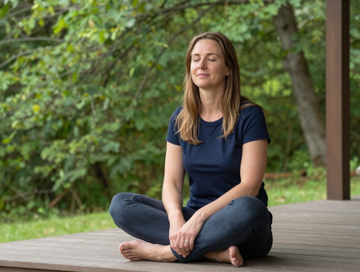 Frau sitzt entspannt im Schneidersitz auf einer Holzterrasse umgeben von grünen Bäumen und Natur, die Augen geschlossen, ruhige achtsame Haltung, Morgenlichtatmosphäre