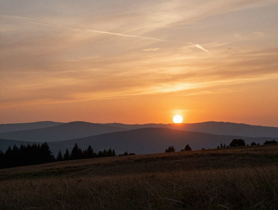 Panoramablick auf eine ruhige Berglandschaft bei Sonnenuntergang in sanften Orangetönen und dunklen Silhouetten, tiefe natürliche Stille und Beschaulichkeit