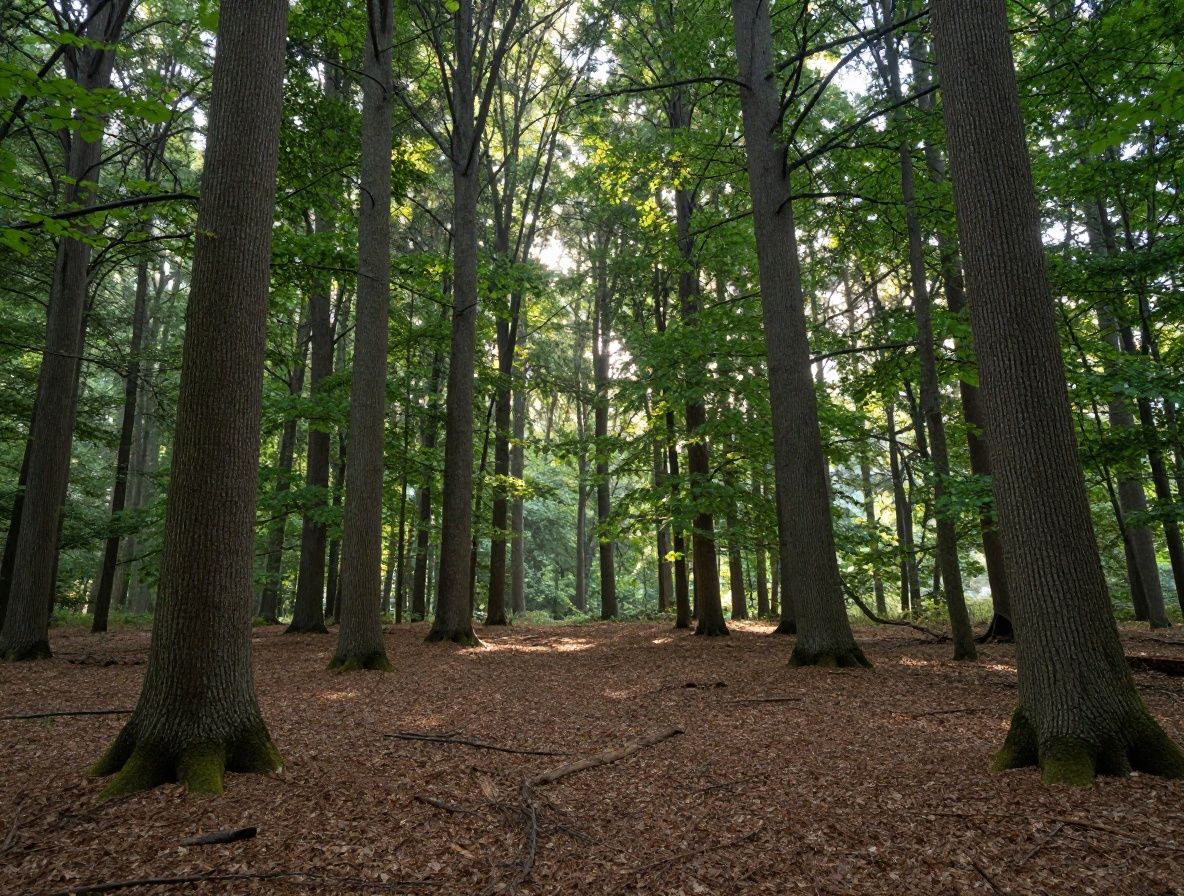 Ruhige Waldlichtung im frühen Morgenlicht, weiche Sonnenstrahlen fallen durch dichte Bäume auf moosbedeckten Boden, tiefe Stille und natürliche Atmosphäre