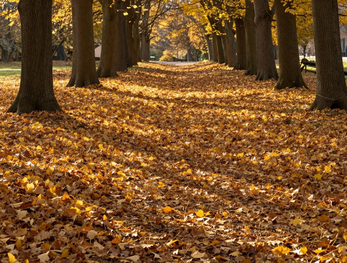 Einsamer Waldpfad im Herbst mit goldgelben Blättern auf dem Boden, sanftes gefiltertes Licht durch den Blätterdach, Atmosphäre von Stille und Besinnung